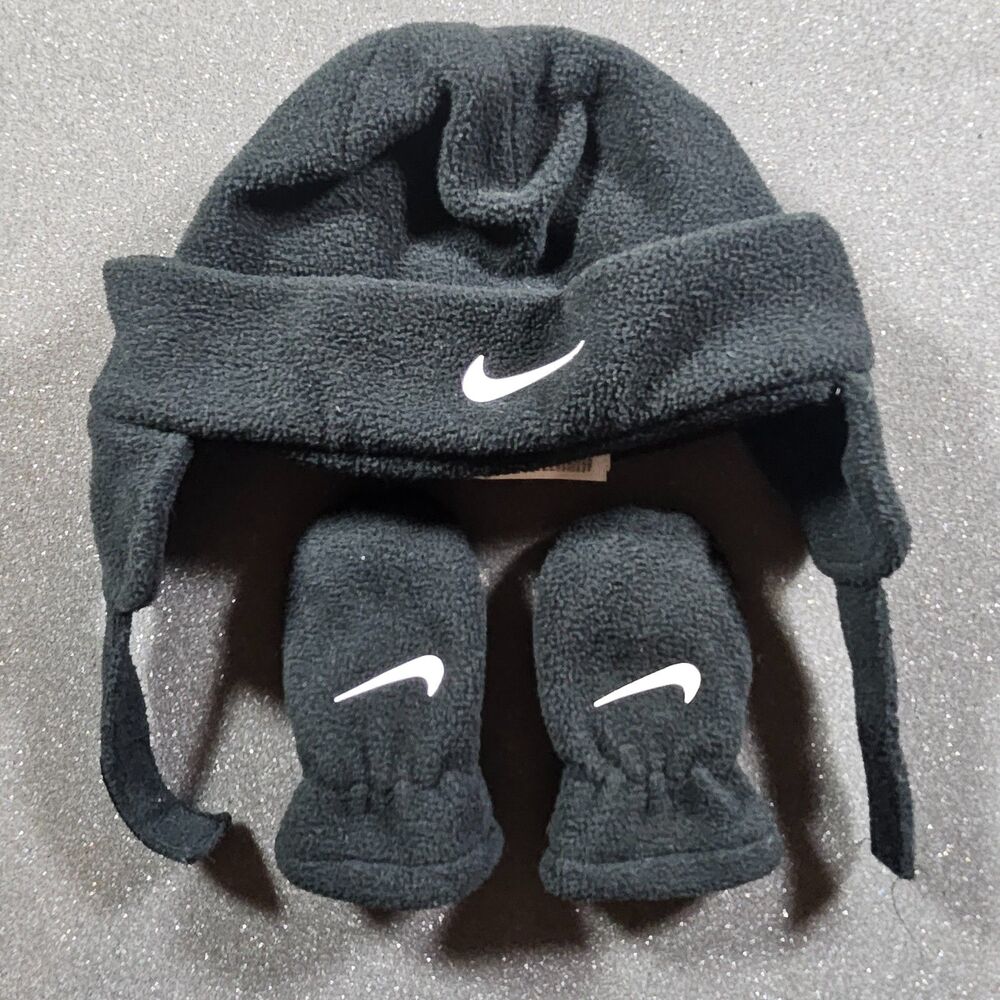 Nike Infant Hat Mittens Set 12-24M Black Fleece Beanie Winter